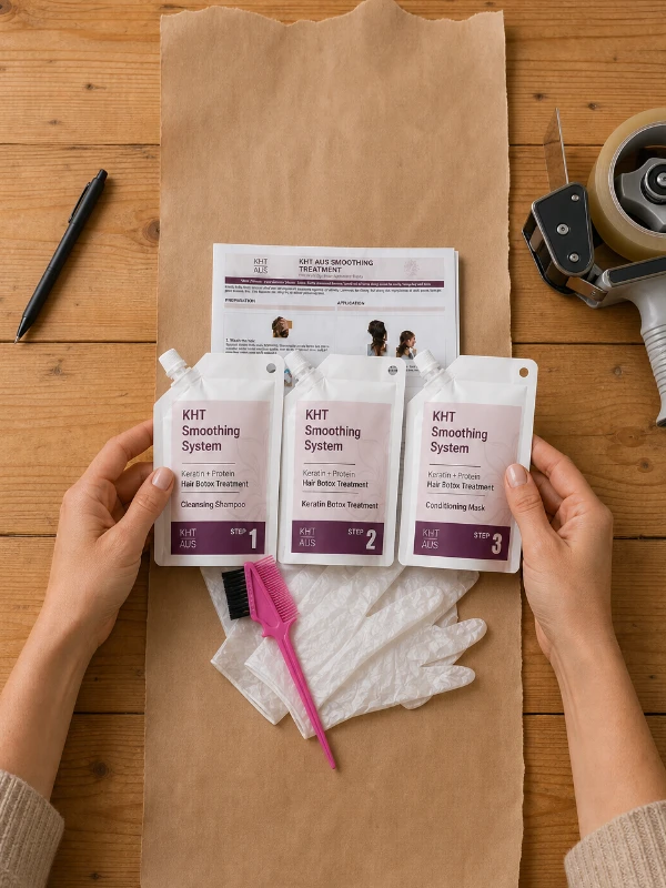 Hands packing a three-step KHT Smoothing System kit in Brisbane.